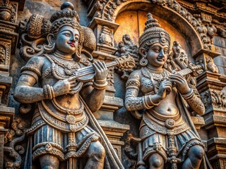 Obraz premium Intricate Statues of Dancing Musicians at Hoysaleswara Temple in Halebidu, Karnataka - Captivating Details in Bluish Stone Against Brown Background