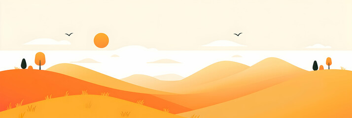 Abstract flat vector landscape with rolling hills and a sun, composed of simple shapes and lines, using warm colors on a simple background