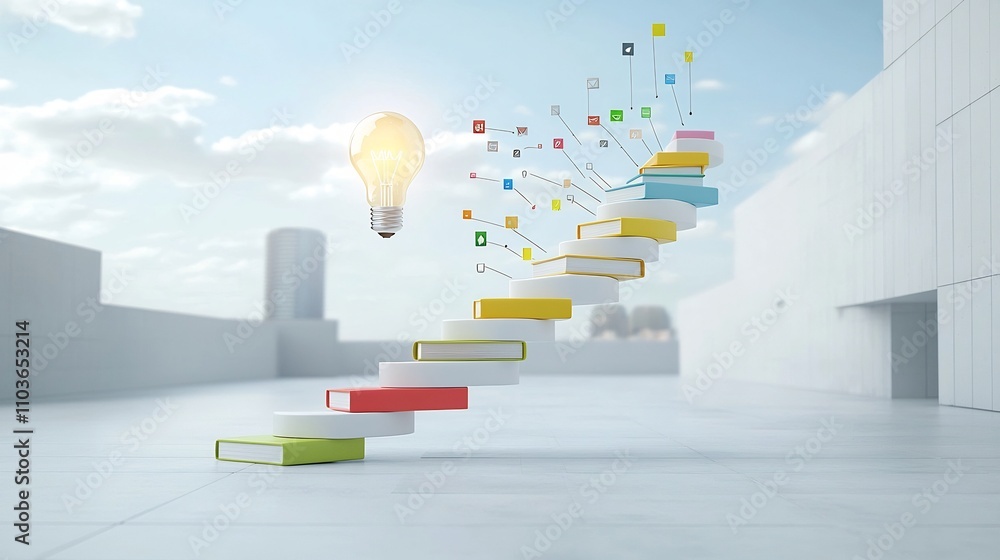 Aufkleber a vibrant spiral staircase of books ascending to a radiant light bulb floating above a serene futuri