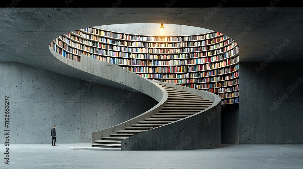 Poster majestic spiral staircase made of neatly arranged books stacked high bathed in a warm glow from a li