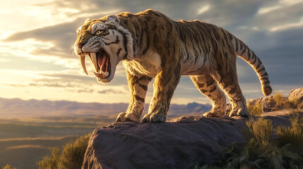 Roaring Smilodon standing atop cliff under dramatic Ice Age sunset skies  
