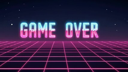 Retro gaming theme with vibrant neon lights showcasing a game over screen in a digital landscape - Powered by Adobe