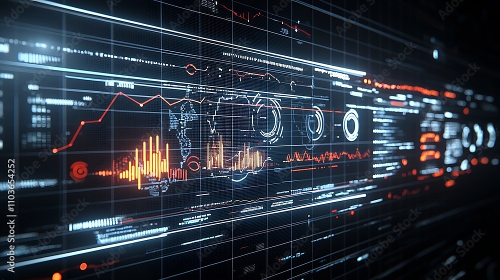 Aufkleber Futuristic data visualization combining dynamic line charts and stacked bar charts on a glowing grid background highlighting strategic data analysis and business insights