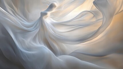 Fototapeta premium Ethereal white fabric gracefully swirling with luminous shades and soft shadows, creating an abstract, elegant dance of light and mist.