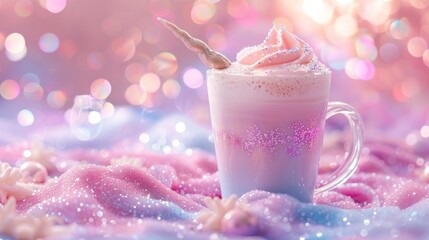 A whimsical drink topped with pink whipped cream, set against a dreamy, sparkly background.