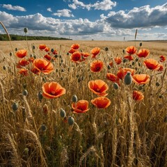 A patch of wild poppies in a golden wheat field with a blue sky and fluffy white clouds in the background.