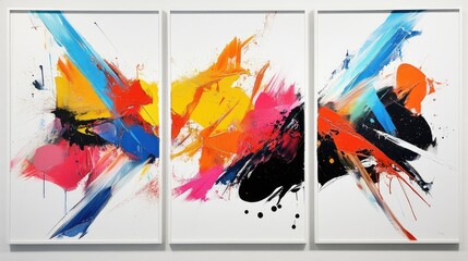 Vibrant contemporary triptych artwork with bold brushstrokes in red, yellow, blue, and black, elegantly displayed on three vertical white panels.