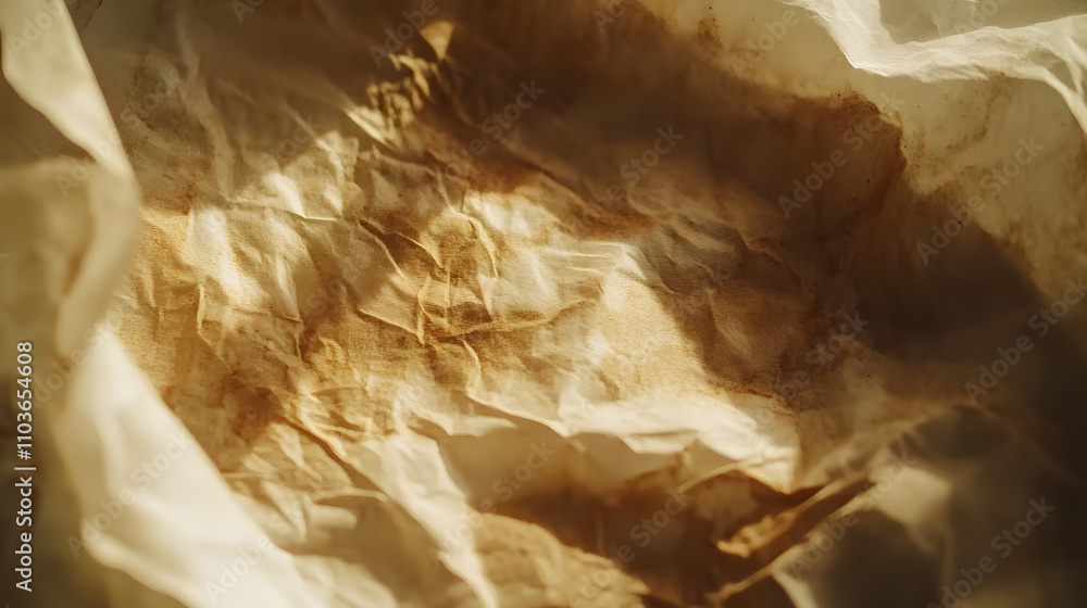 Poster close-up of crumpled parchment paper stained with a light brown substance, illuminated by warm sunli