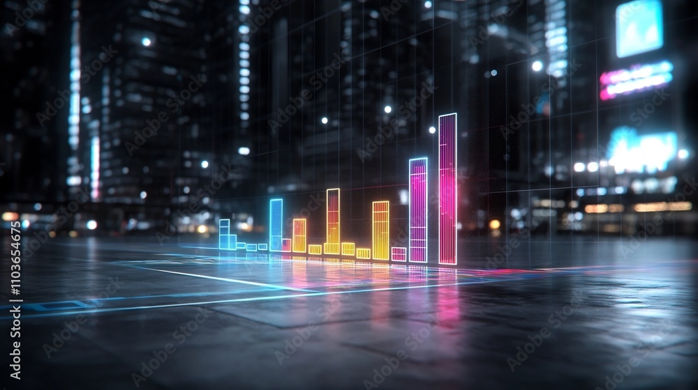 Fototapete Vibrant Combination of Line Charts and Stacked Bar Graphs on a Futuristic Grid Background with Glowing Elements for Strategic Data Analysis and Insights