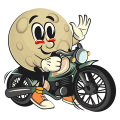 Moon mascot character illustration riding a big motorcycle, cartoon mascot isolated, work of hand drawn