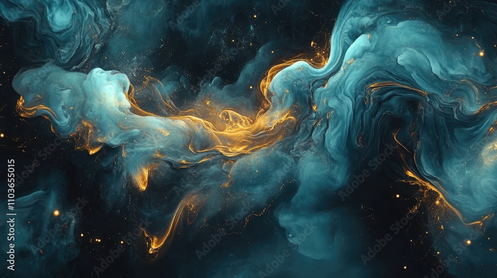 Aufkleber turquoise and gold abstract fluid art with dynamic swirling patterns and cosmic elements creating a 