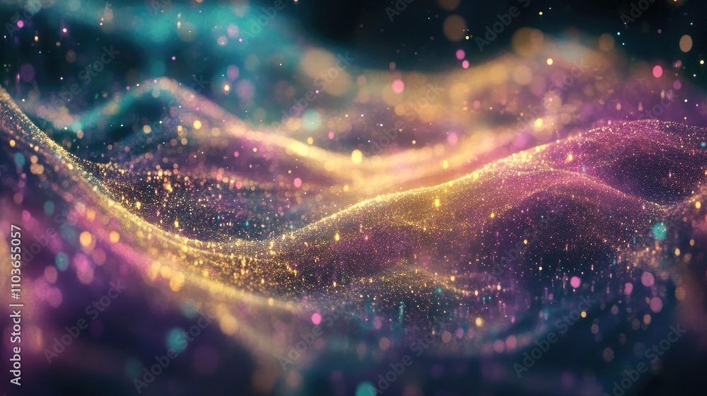 Poster vibrant holographic waves with glowing particles creating a dynamic and colorful abstract background