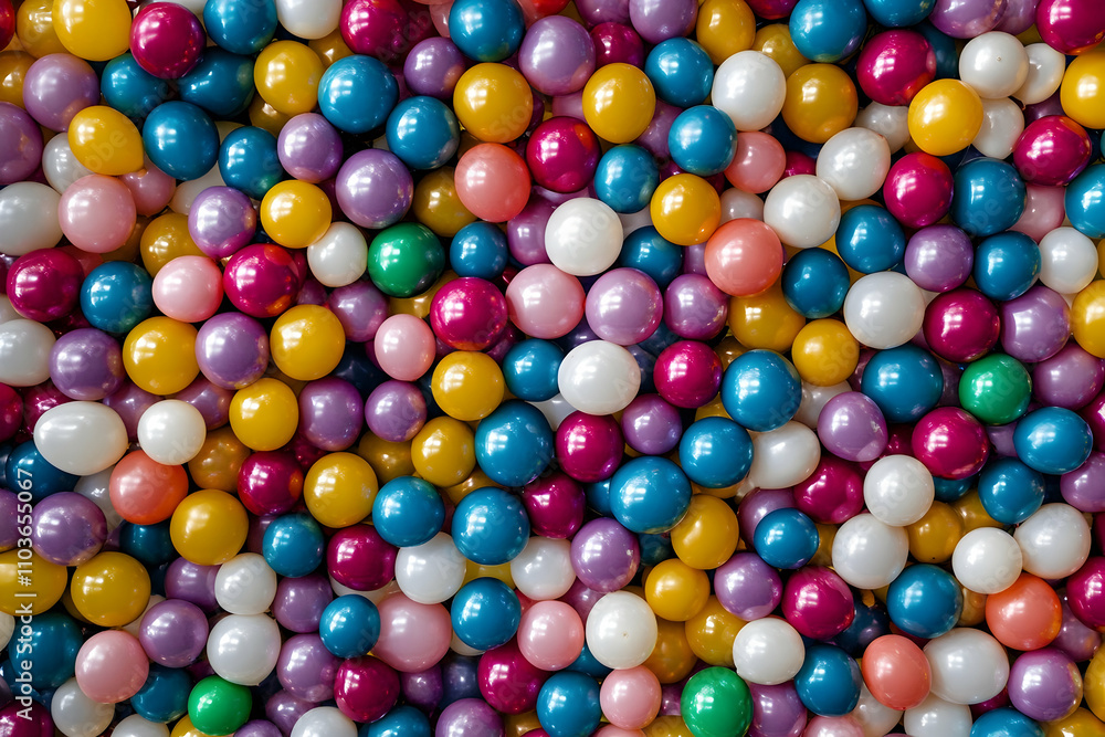 Poster a large number of multicolored balloons, all in the shape and size of spheres, fill up an entire spa