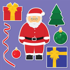 Set of festive Christmas stickers. Collection of Christmas-themed flat elements on a purple background