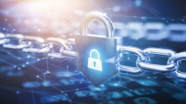 Cybersecurity concept with padlock on a chain link.