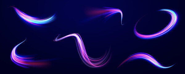 Obraz premium Racing cars dynamic flash effects city road with long exposure. Horizontal speed lines connection vector background. Futuristic dynamic motion technology blue glowing lines air flow effect. 