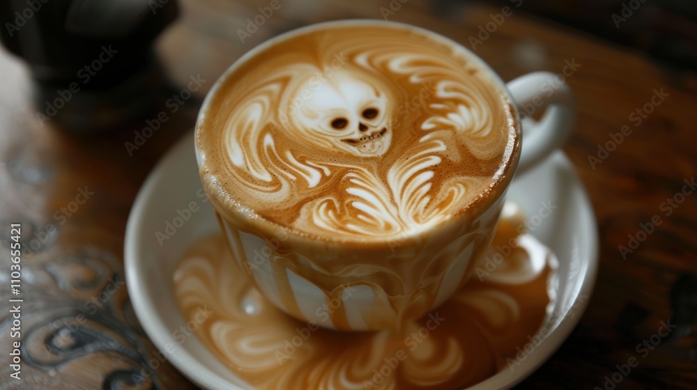 Poster a creatively designed latte with a skull pattern in foam, resting on a wooden table.