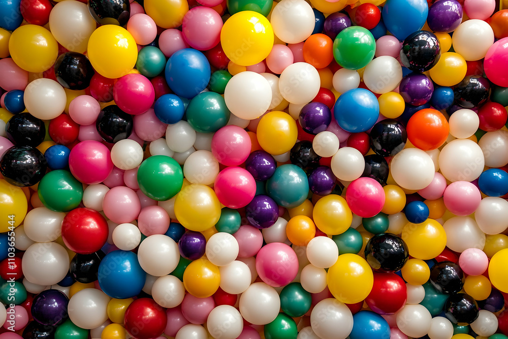 Poster a large number of multicolored balloons, all in the shape and size of spheres, fill up an entire spa