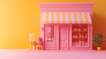 charming pink storefront with a striped awning potted plants and shelves displaying gifts Minimalist 3D rendering bright colors