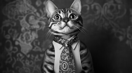 Bengal cat in formal attire with a vibrant tie, exuding a charming entrepreneurial vibe against a detailed monochrome background.