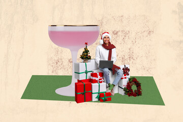 Composite photo collage of happy freelancer guy sit present new year celebration toast glass santa...