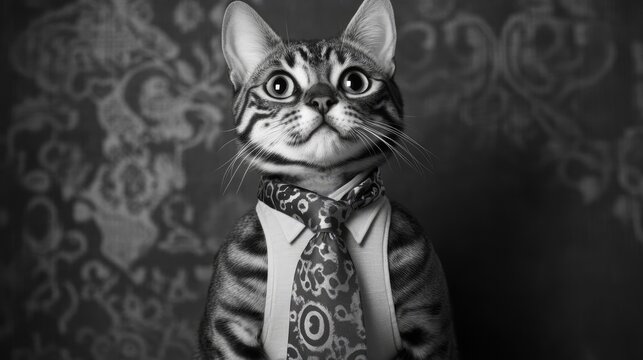 Bengal cat in formal attire with a vibrant tie, exuding a charming entrepreneurial vibe against a detailed monochrome background.