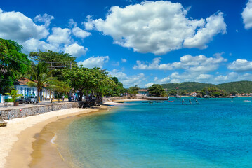 Armacao beach and seafront with palms in Buzios, Rio de Janeiro. Brazil. Seascape  of Armacao dos Buzios.
