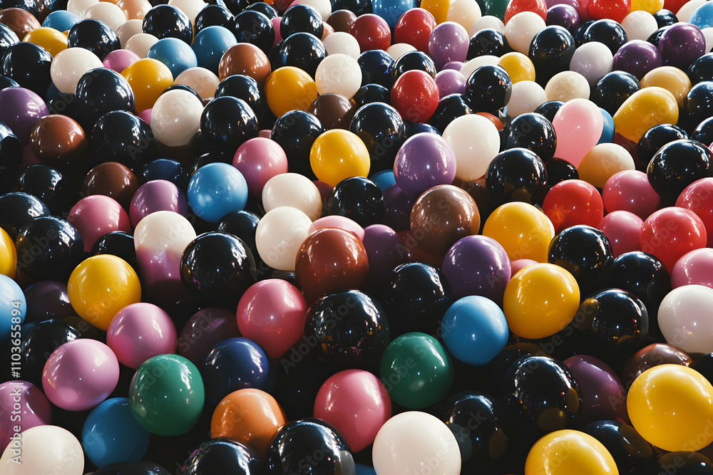 Poster a large number of multicolored balloons, all in the shape and size of spheres, fill up an entire spa
