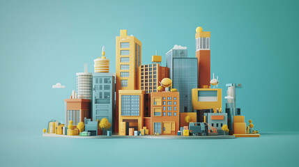 vibrant miniature city model with colorful buildings vehicles and trees Simple geometric designs create a playful urban scene against a teal backdrop