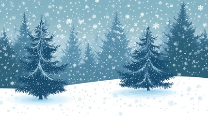 Naklejka premium Tranquil winter landscape with snow-covered fir trees surrounded by falling snowflakes, creating a serene and peaceful atmosphere.
