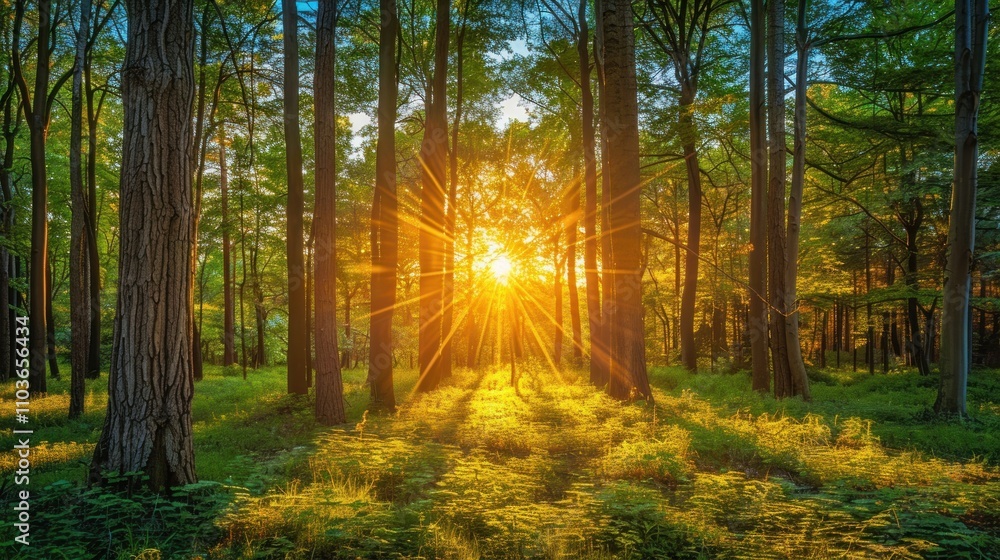 Poster a serene forest scene with sunlight filtering through trees, creating a peaceful atmosphere.