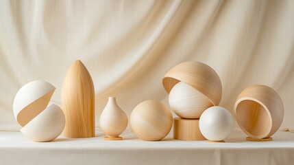 Artistic wooden sculptures arrangement minimalist studio decorative items contemporary space close-up home aesthetic concepts