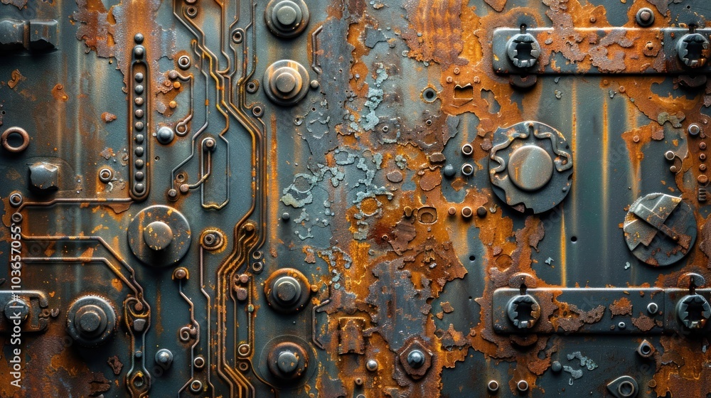Poster a close-up of a rusty, industrial panel with circuit patterns and mechanical elements.