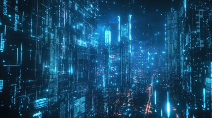 Fototapeta premium Futuristic city skyline glowing with vibrant blue light effects, showcasing digital data connections interwoven through a high-tech urban landscape.