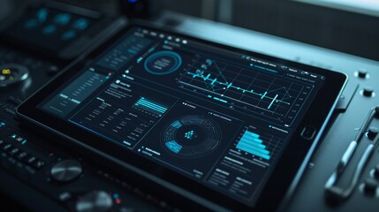 Futuristic and innovative digital data analytics dashboard with advanced graphical interface charts graphs and information displays for data driven decision making and business intelligence