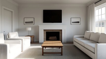 A cozy and inviting living room with warm lighting, plush furnishings, and a crackling fireplace, photo-realistic 