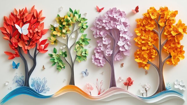Vibrant paper art depicting the four seasons with beautifully crafted trees for spring, summer, autumn, and winter adorned with colorful butterflies and flowers.
