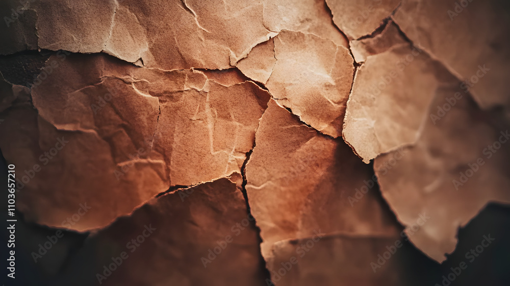 Poster close-up of crumpled, textured brown paper. the paper is cracked and broken, creating a rugged and a