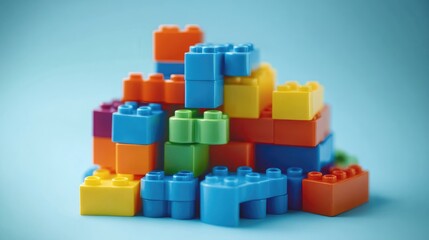 Obraz premium Vibrant assortment of plastic building blocks stacked playfully against a soft blue backdrop showcasing various colors and shapes.