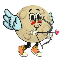 Moon mascot character illustration angel wings and the arrow of love, cartoon mascot isolated, work of hand drawn