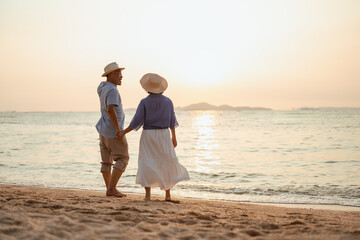 retired, retirement, couple, senior, elderly, beach, recreation, insurance, planning, vacation. A couple is walking on the beach holding hands. The sun is setting in the background.