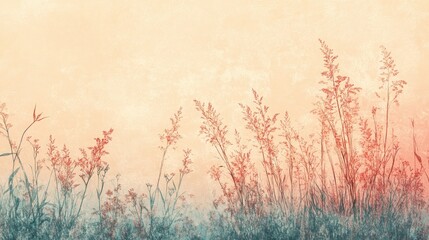 Serene abstract background of wild grass silhouetted against a soft sunset glow in a tranquil forest setting.Hints of pink and blue hues enrich the scene.