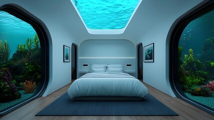 A hyper realistic architectural rendering of an underwater dome, transparent walls offering panoramic views of marine life, featuring innovative materials and eco-friendly design, capturing 