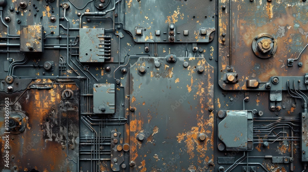 Poster a close-up of a weathered industrial panel with rust and circuitry details.