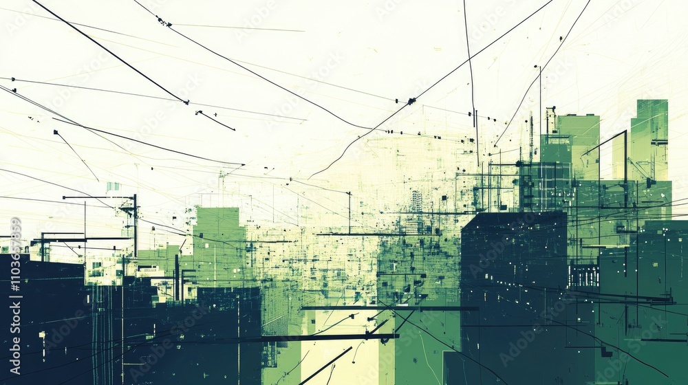Poster abstract depiction of an urban landscape with interconnected lines symbolizing network connectivity 