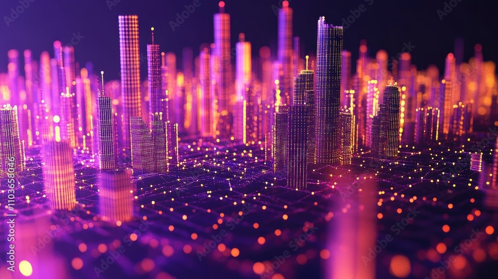 Poster futuristic 3d illustration of a smart city skyline with glowing interconnected dots and gradient lin