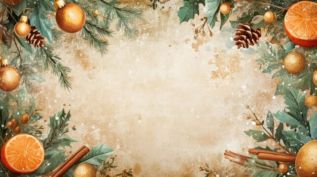 Christmas themed backdrop adorned with orange slices, cinnamon sticks, golden ornaments, mistletoe, and winter foliage, featuring a blank area for personalized text.