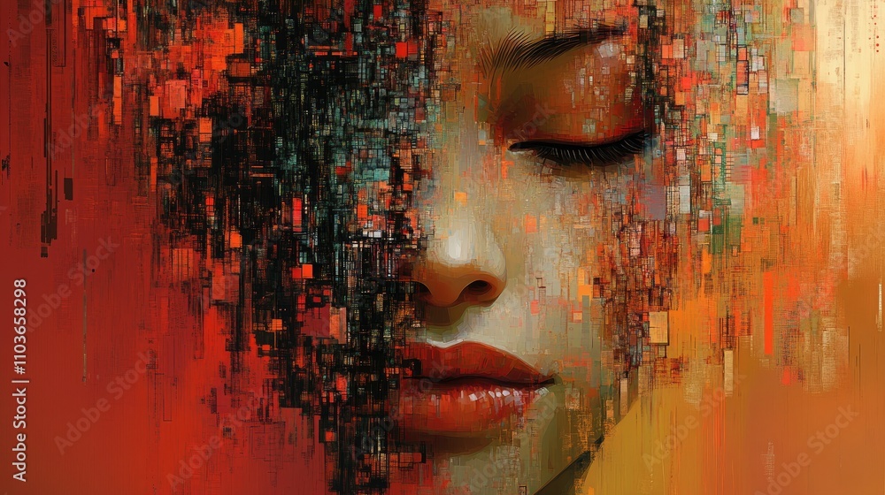 Poster Abstract Digital Artwork Depicting an Artificial Intelligence Face with Fragmented Patterns and Warm Color Palette