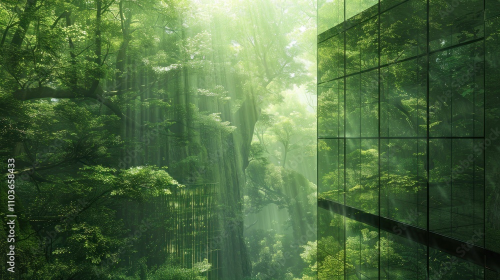Poster a serene forest scene with sunlight filtering through trees and modern glass architecture.