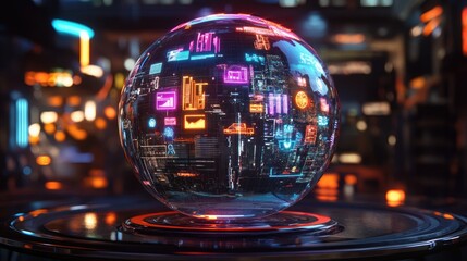 A futuristic holographic globe with floating AR icons representing various industries; mixed-media, neon overlays, high-tech theme 